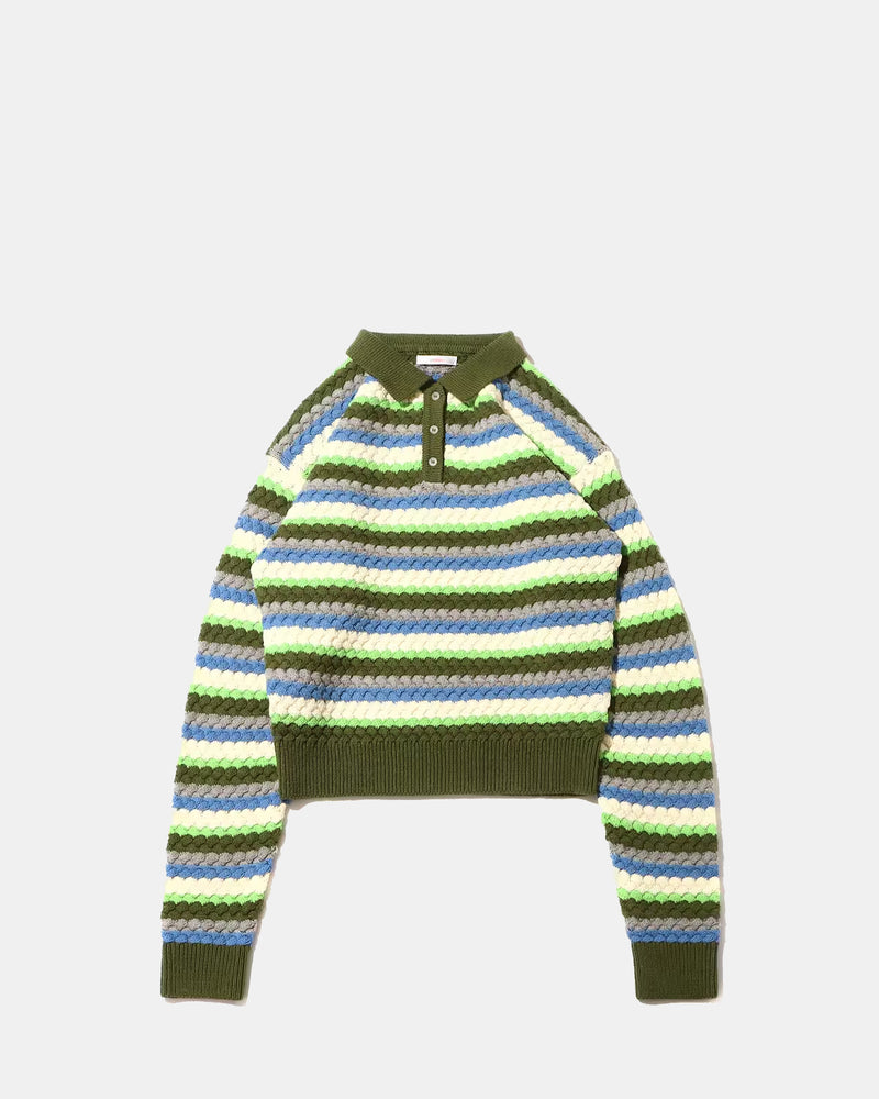 Striped Knit Pullover w/ Open Collar (Green)