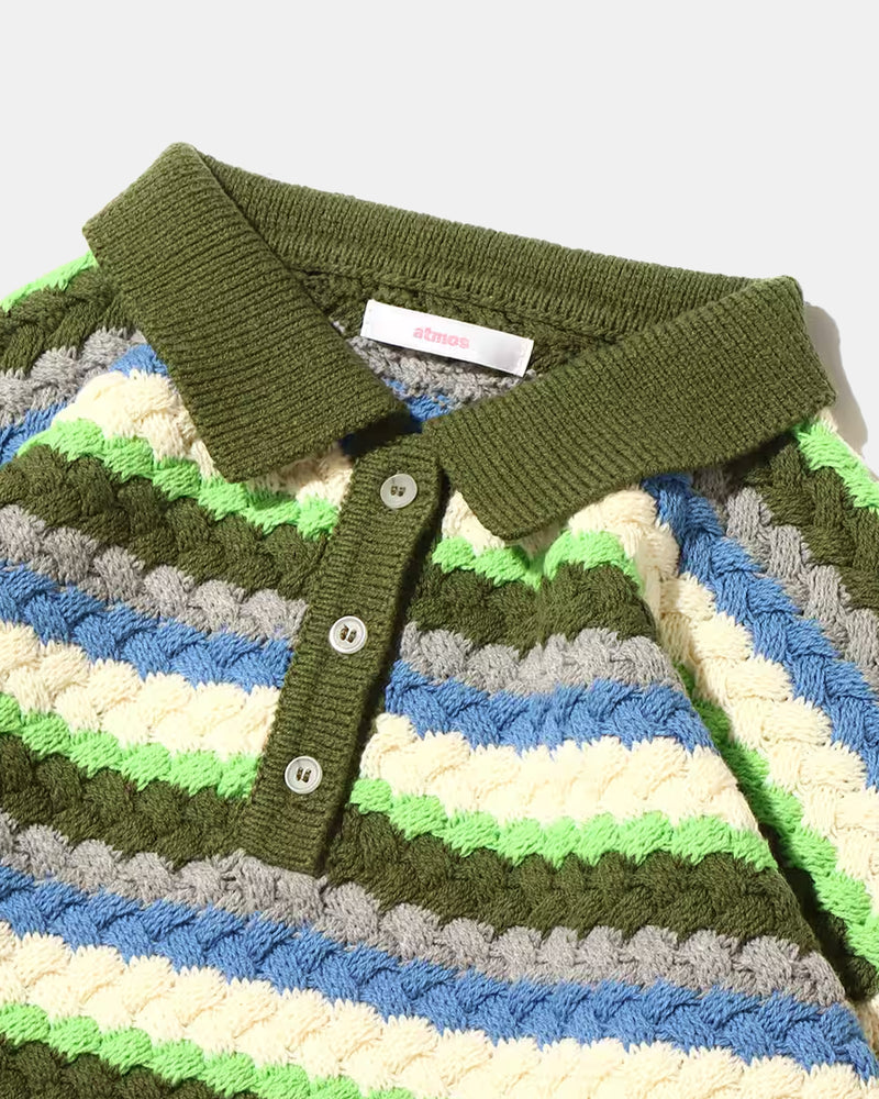 Striped Knit Pullover w/ Open Collar (Green)